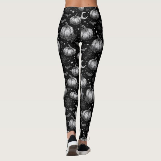 Zwart-wit Halloween Pompoen, Vleermuis, Spiderweb Leggings (Achterkant)