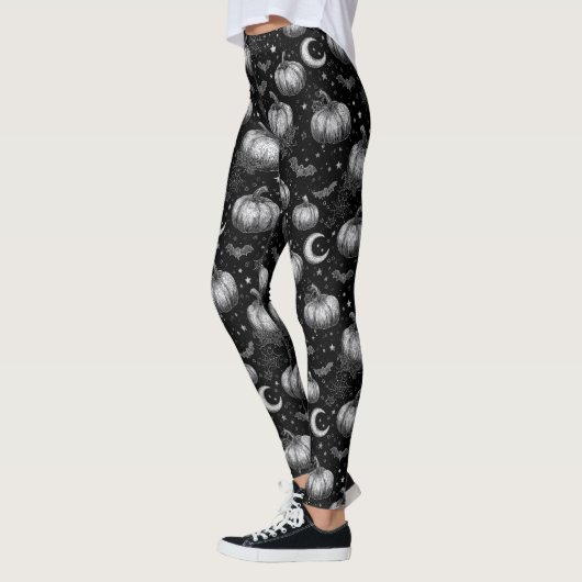 Zwart-wit Halloween Pompoen, Vleermuis, Spiderweb Leggings (Links)