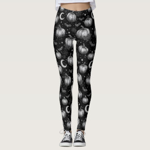 Zwart-wit Halloween Pompoen, Vleermuis, Spiderweb Leggings