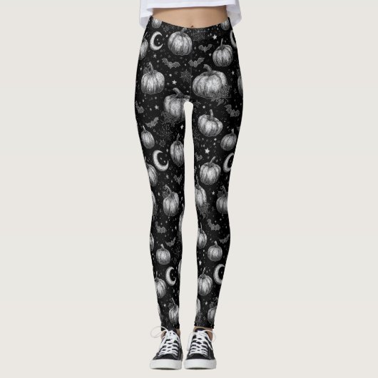 Zwart-wit Halloween Pompoen, Vleermuis, Spiderweb Leggings (Voorkant)