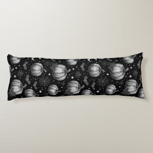 Zwart-wit Halloween Pompoen, Vleermuis, Spiderweb Lichaamskussen (Achterkant)