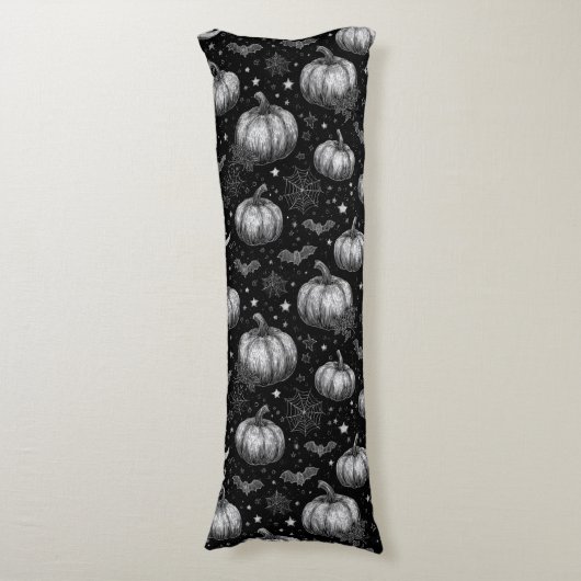 Zwart-wit Halloween Pompoen, Vleermuis, Spiderweb Lichaamskussen (Voorkant Verticaal)