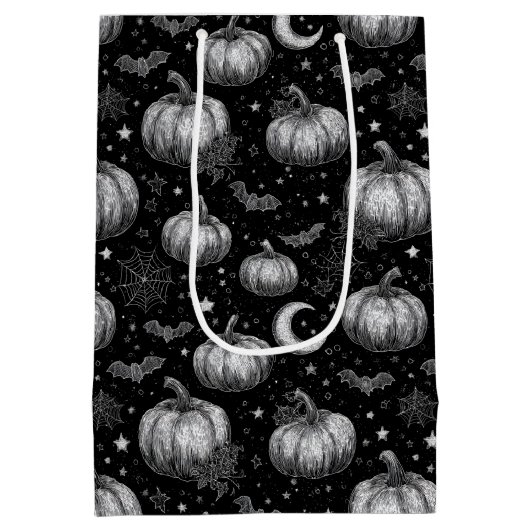Zwart-wit Halloween Pompoen, Vleermuis, Spiderweb Medium Cadeauzakje (Achterkant)