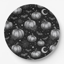 Zwart-wit Halloween Pompoen, Vleermuis, Spiderweb