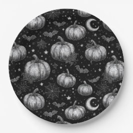 Zwart-wit Halloween Pompoen, Vleermuis, Spiderweb Papieren Bordje