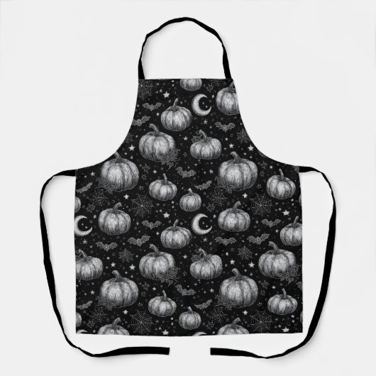 Zwart-wit Halloween Pompoen, Vleermuis, Spiderweb Schort (Voorkant)
