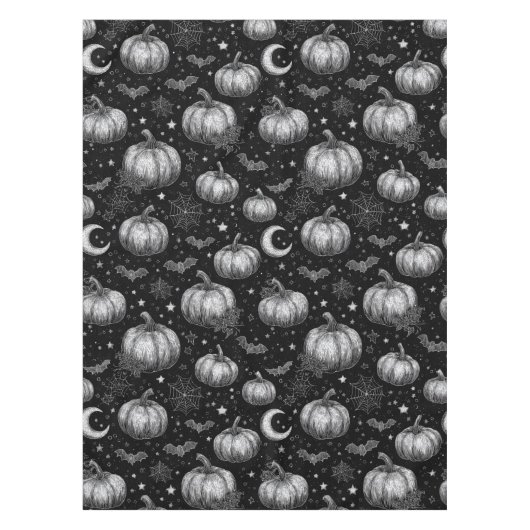 Zwart-wit Halloween Pompoen, Vleermuis, Spiderweb Tafelkleed (Voorkant)