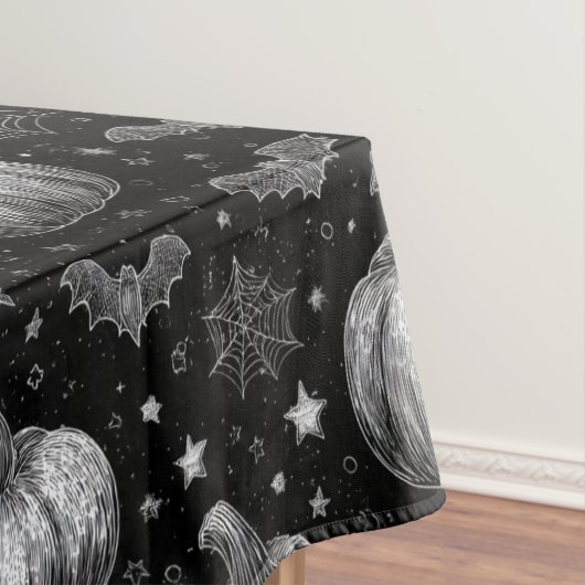 Zwart-wit Halloween Pompoen, Vleermuis, Spiderweb Tafelkleed (Voorbeeld)