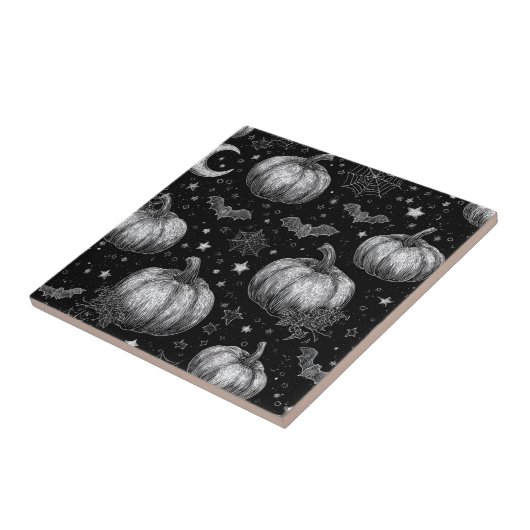 Zwart-wit Halloween Pompoen, Vleermuis, Spiderweb Tegeltje (Zijkant)