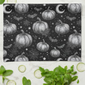 Zwart-wit Halloween Pompoen, Vleermuis, Spiderweb Theedoek (Gevouwen)