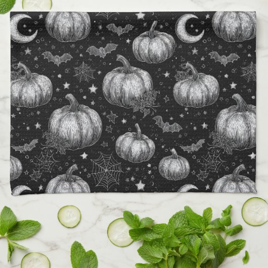 Zwart-wit Halloween Pompoen, Vleermuis, Spiderweb Theedoek (Gevouwen)