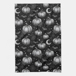 Zwart-wit Halloween Pompoen, Vleermuis, Spiderweb Theedoek