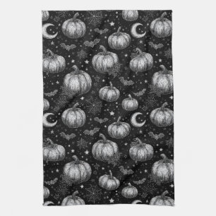 Zwart-wit Halloween Pompoen, Vleermuis, Spiderweb Theedoek