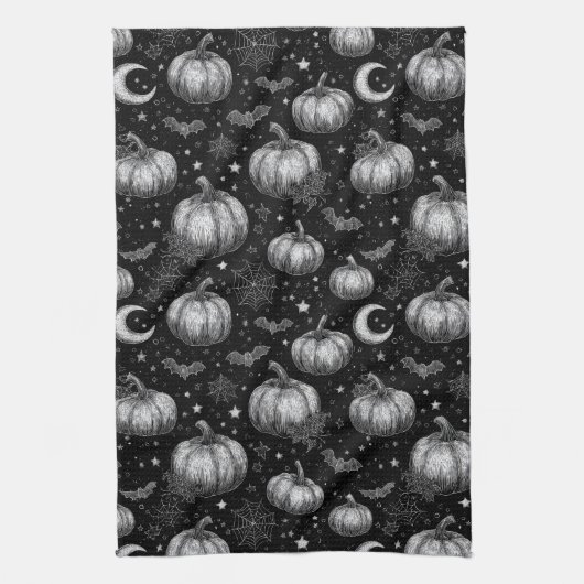 Zwart-wit Halloween Pompoen, Vleermuis, Spiderweb Theedoek (Verticaal)