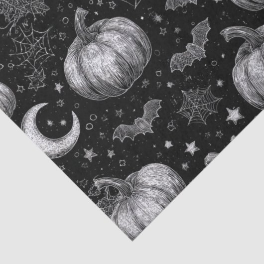 Zwart-wit Halloween Pompoen, Vleermuis, Spiderweb Tissuepapier (Detail)