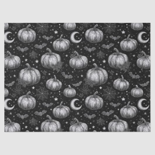Zwart-wit Halloween Pompoen, Vleermuis, Spiderweb Tissuepapier (Voorkant)