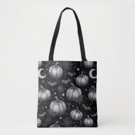 Zwart-wit Halloween Pompoen, Vleermuis, Spiderweb Tote Bag