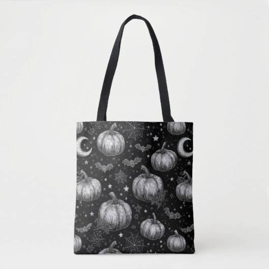 Zwart-wit Halloween Pompoen, Vleermuis, Spiderweb Tote Bag (Voorkant)