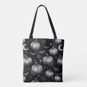 Zwart-wit Halloween Pompoen, Vleermuis, Spiderweb Tote Bag (Achterkant)