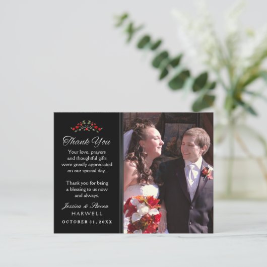 Zwart-wit Halloween rode rozen bruiloft Briefkaart (Staand voorkant)