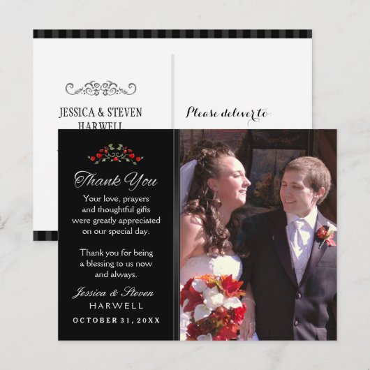 Zwart-wit Halloween rode rozen bruiloft Briefkaart (Voorkant / Achterkant)