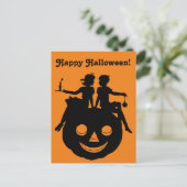 Zwart/Wit Halloween Silhouette Jongen Meisje Zit o Feestdagenkaart (Staand voorkant)