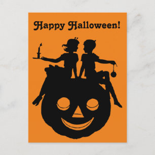 Zwart/Wit Halloween Silhouette Jongen Meisje Zit o Feestdagenkaart