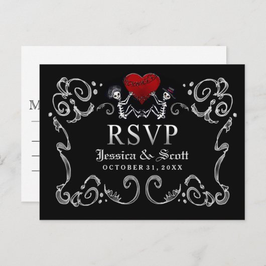 Zwart Wit Halloween Skeletten Hart Wedding RSVP Uitnodiging Briefkaart (Voorkant / Achterkant)