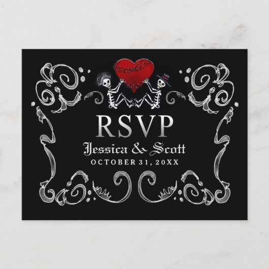 Zwart Wit Halloween Skeletten Hart Wedding RSVP Uitnodiging Briefkaart (Voorkant)
