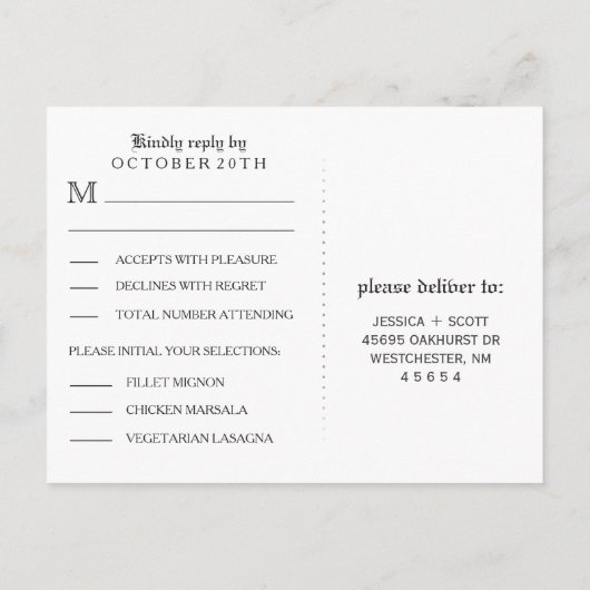 Zwart Wit Halloween Skeletten Trouwmenu RSVP Uitnodiging Briefkaart (Achterkant)