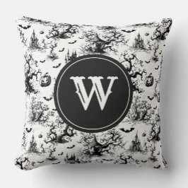 Zwart-wit Halloween Toile Monogram Kussen