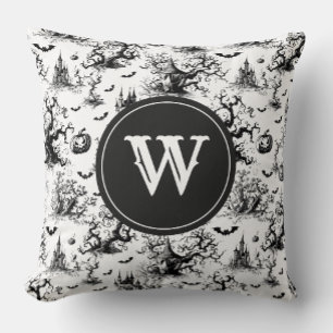 Zwart-wit Halloween Toile Monogram Kussen