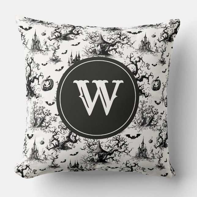 Zwart-wit Halloween Toile Monogram Kussen (Creator heeft geüpload)
