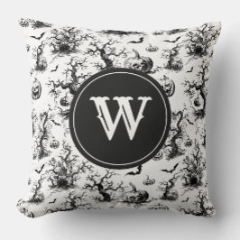 Zwart-wit Halloween Toile Monogram Kussen
