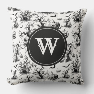 Zwart-wit Halloween Toile Monogram Kussen