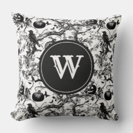 Zwart-wit Halloween Toile Monogram Kussen