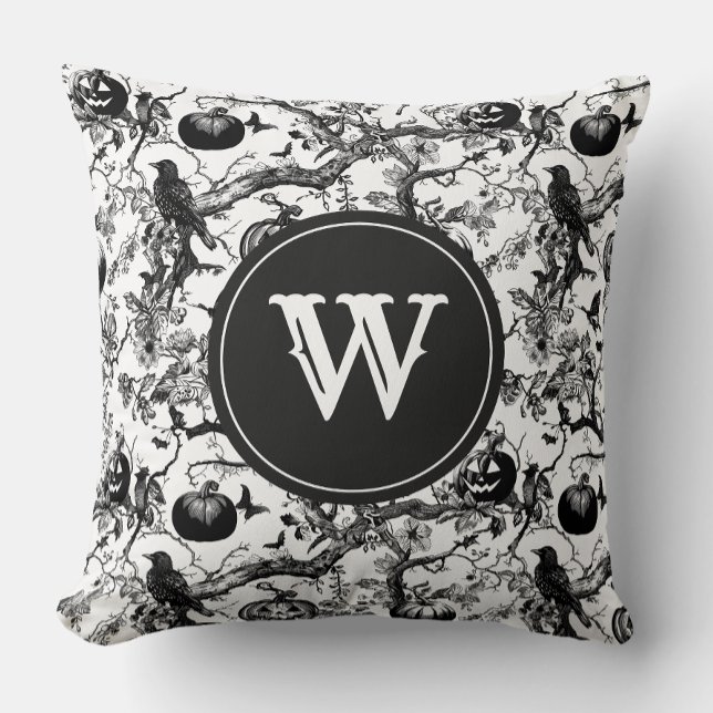 Zwart-wit Halloween Toile Monogram Kussen (Creator heeft geüpload)