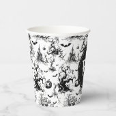 Zwart-wit Halloween Toile Monogram Papieren Bekers (Rechts)