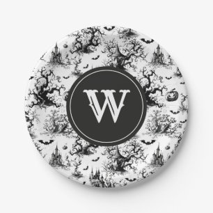 Zwart-wit Halloween Toile Monogram Papieren Bordje