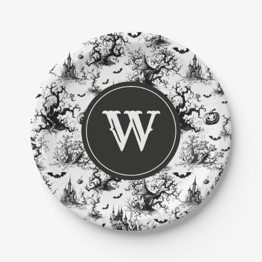 Zwart-wit Halloween Toile Monogram Papieren Bordje (Voorkant)