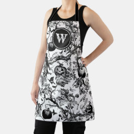 Zwart-wit Halloween Toile Monogram Schort