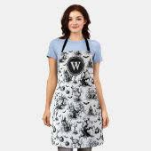 Zwart-wit Halloween Toile Monogram Schort (Gedragen)