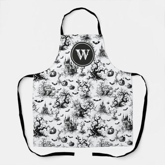 Zwart-wit Halloween Toile Monogram Schort (Voorkant)