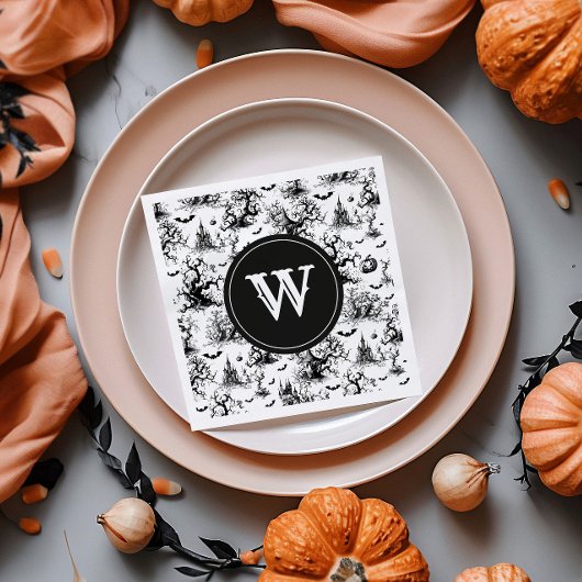 Zwart-wit Halloween Toile Monogram Servet