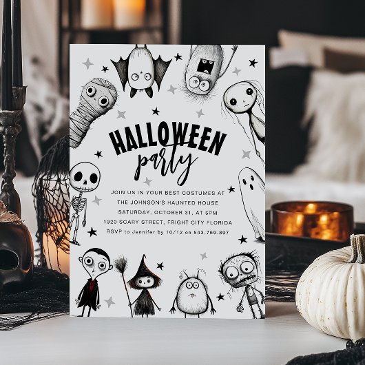 Zwart-Wit Halloweenfeest Kaart