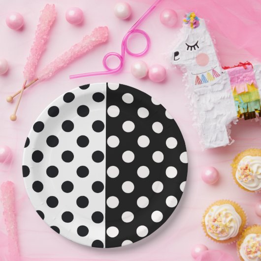 Zwart Wit Halve Kleur Split Inverse Polka Dots Papieren Bordje (Feest)