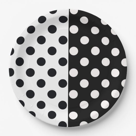 Zwart Wit Halve Kleur Split Inverse Polka Dots Papieren Bordje (Voorkant)