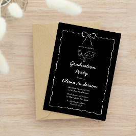 Zwart Wit Hand-Drawn Wavy Bow Graduation Party Kaart