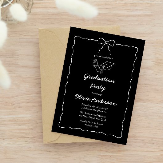 Zwart Wit Hand-Drawn Wavy Bow Graduation Party Kaart