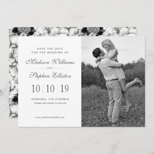 Zwart & Wit Hand Getekend Bloemmotief - Bewaar de Save The Date (Voorkant / Achterkant)